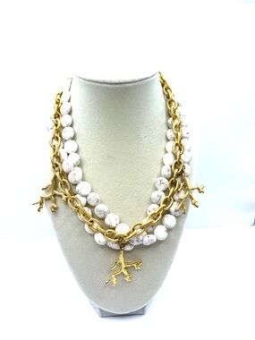 Susan Shaw Layered White Bead Necklace Gold Chain and Coral Charms Rare Find